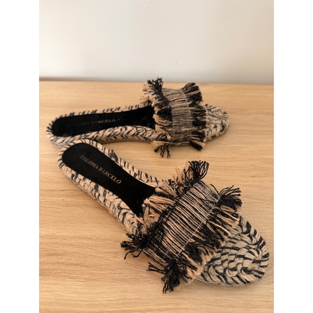 Anthro Paloma Barcelo 39 Black Tan Fringed Raffia Espadrille Slide Sandals‎ Boho